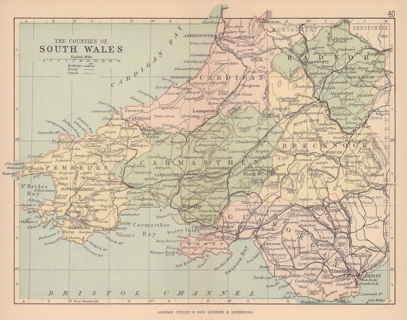 SOUTH WALES. Antique map. Counties Railways roads canals. PHILIP 1885 old